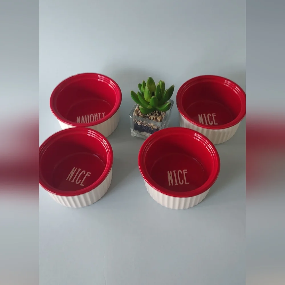 Ramekin Set 4 Pieces Red And White Ceramic Safe Microwave Dishwasher By France